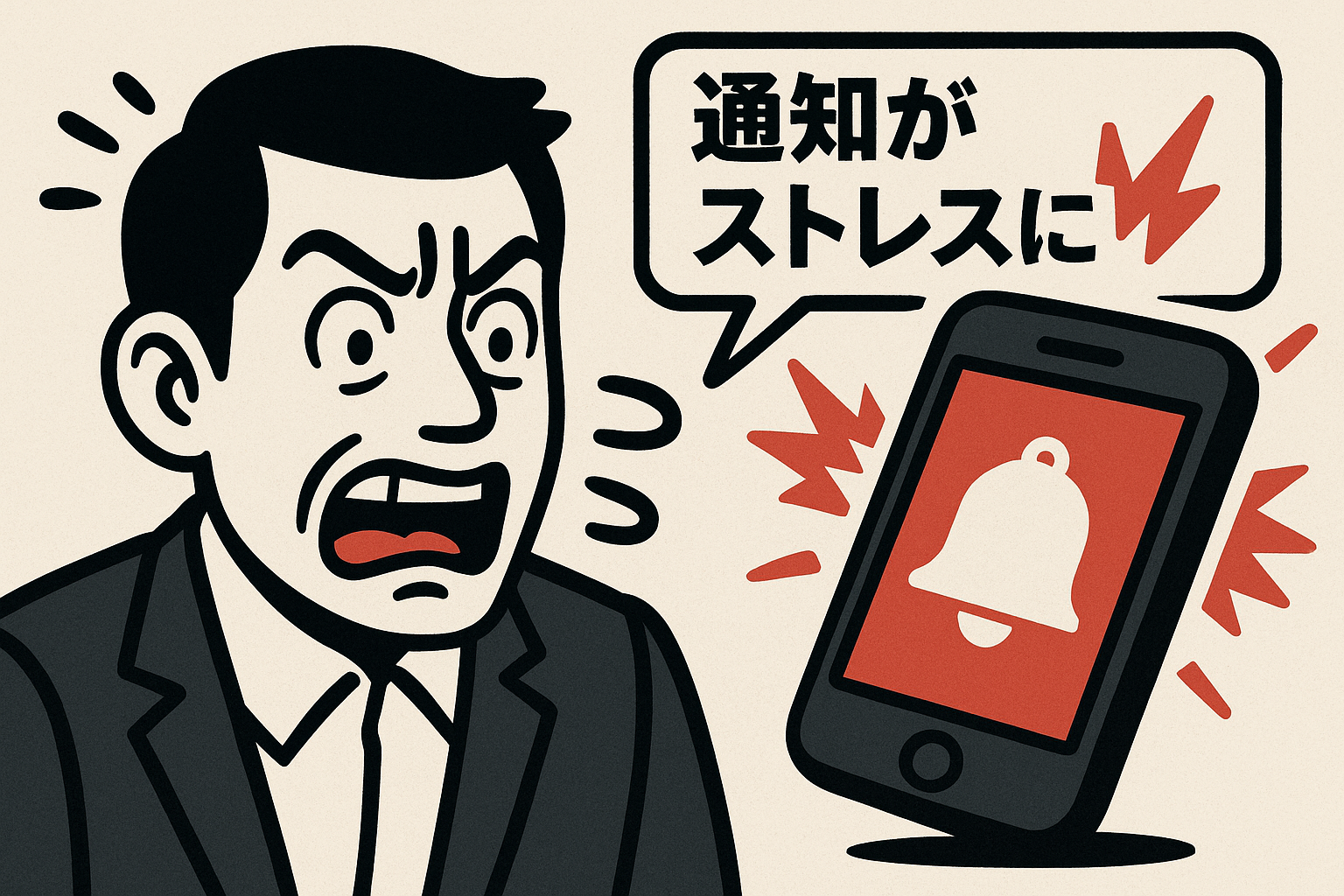 スマホの通知に驚きストレスを感じる男性