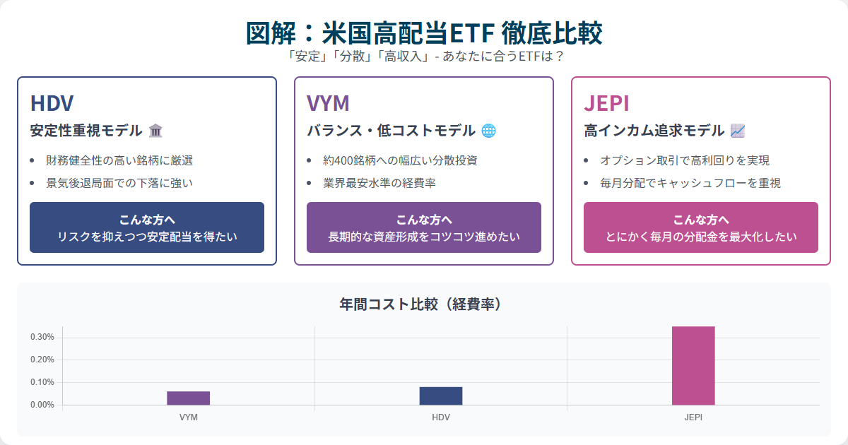 AIで比較する高配当ETF：HDV・VYM・JEPIの違いと選び方