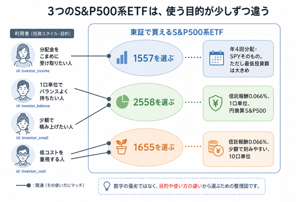 1655 vs 2558 vs 1557｜東証S&P500 ETF比較【分配・コスト・積立しやすさ】