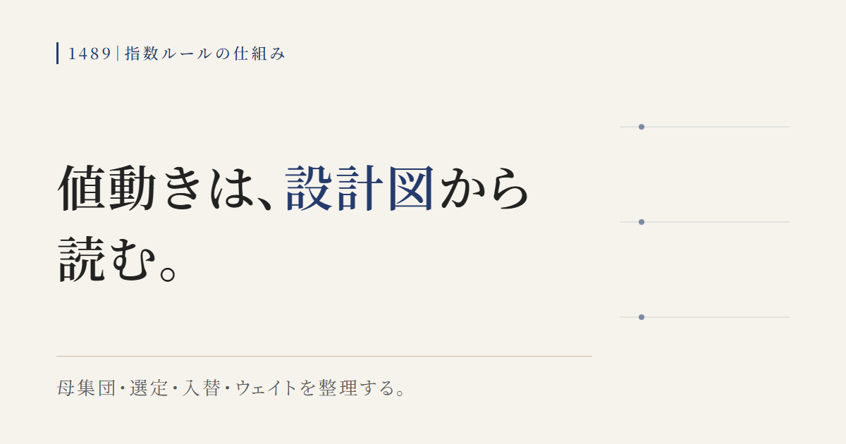1489の指数ルール（母集団・選定・入替・ウェイト）から値動きを読む図
