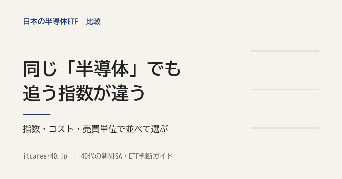 東証の日本株半導体ETFの比較記事のアイキャッチ。「同じ「半導体」でも追う指数が違う」という見出しと、指数・コスト・売買単位で並べて選ぶという説明が入っている