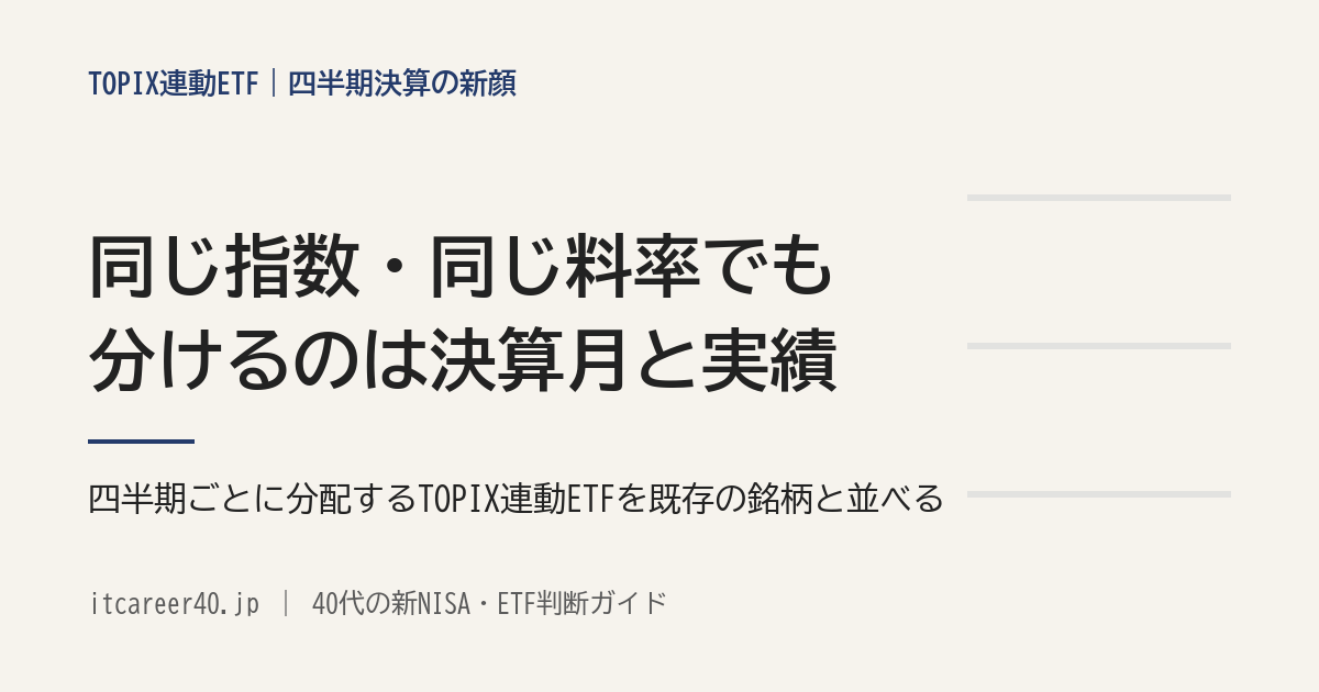 東証の TOPIX連動ETF で四半期決算の新顔。同じ指数・同じ料率でも、分けるのは決算月と実績。既存の銘柄と並べる
