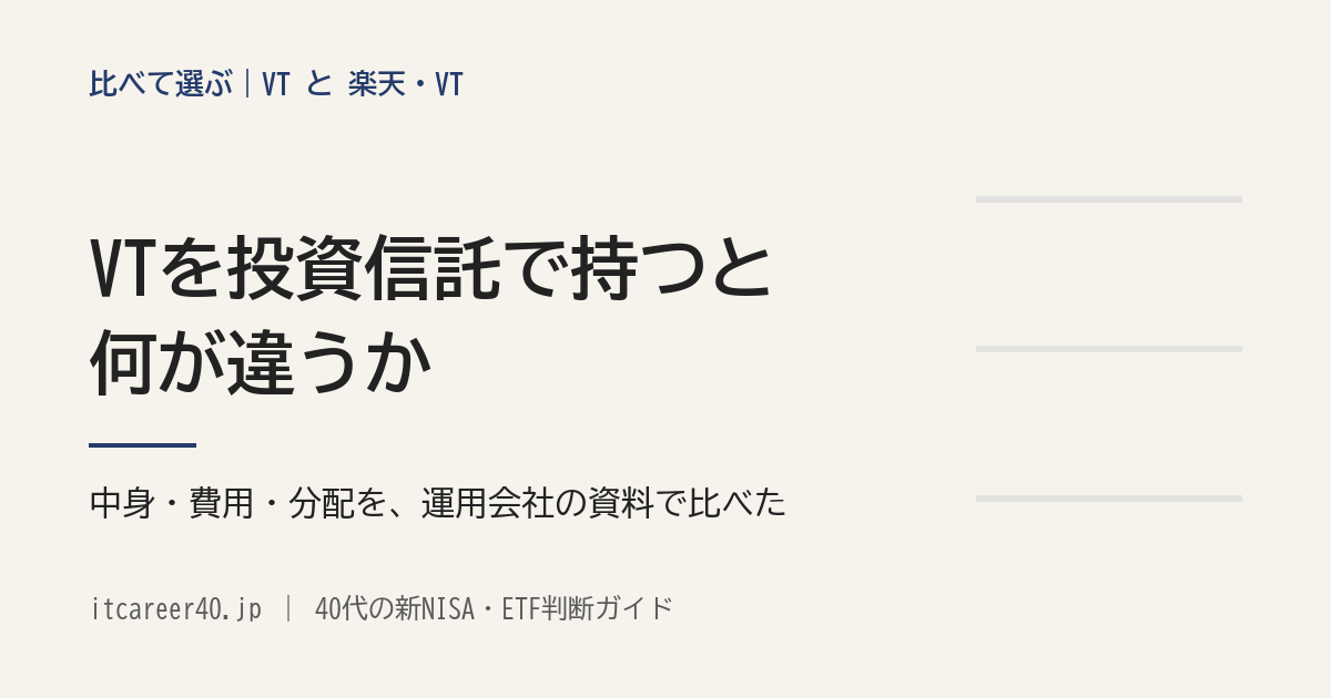 VTを直接買う場合と、楽天・VT（楽天・全世界株式インデックス・ファンド）で持つ場合の違いを資料で比べた記事のアイキャッチ