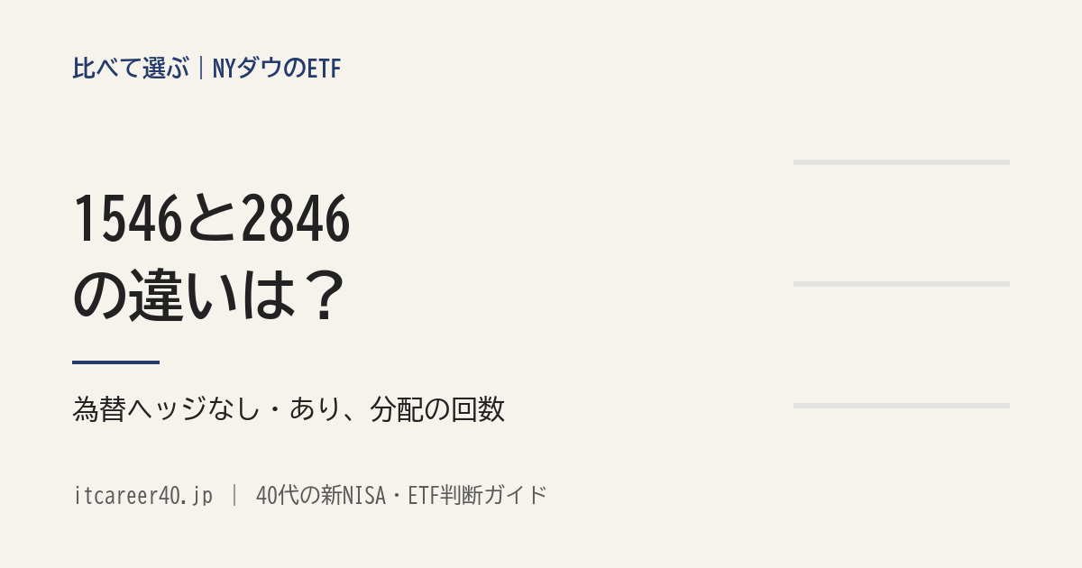 NYダウをもとにした指数への連動を目指すETF2本（1546・2846）の、為替ヘッジなし・あり、分配の回数、いくらから買えるかを比べる記事のアイキャッチ