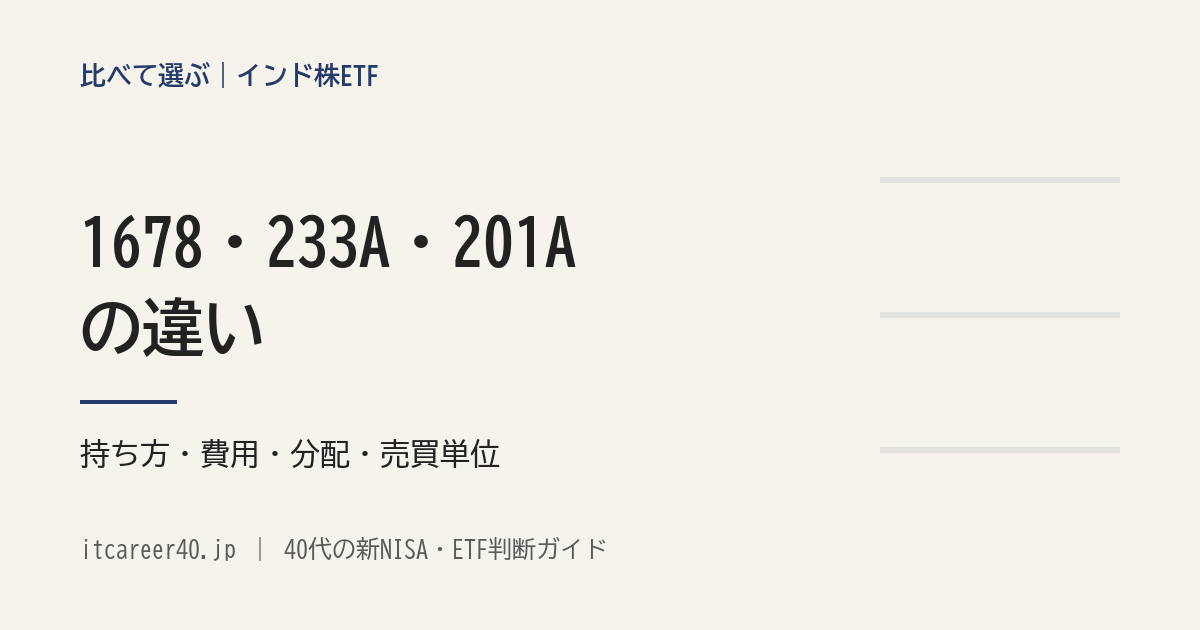 Nifty 50への連動を目指すインド株ETF3本（1678・233A・201A）の、持ち方・費用・分配・売買単位を比べる記事のアイキャッチ