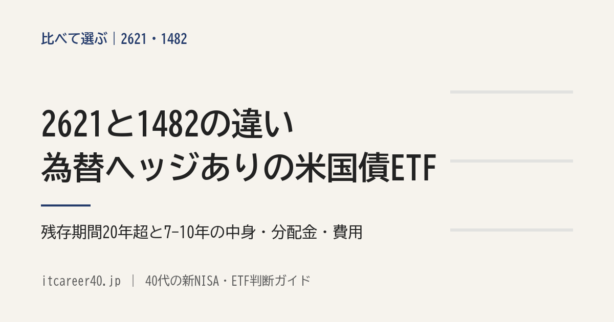 2621（iシェアーズ 米国債20年超 ETF（為替ヘッジあり））と1482（iシェアーズ・コア 米国債7-10年 ETF（為替ヘッジあり））の、残存期間と中身・分配金・費用の違いを資料で比べる記事のアイキャッチ