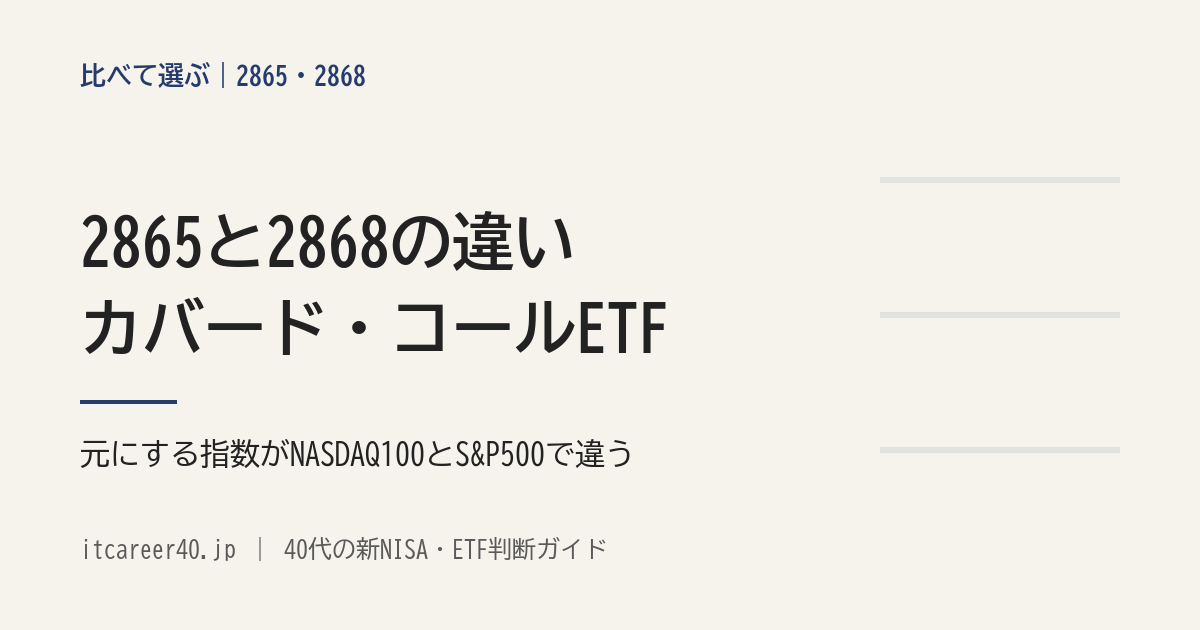 2865（グローバルＸ NASDAQ100・カバード・コール ETF）と2868（グローバルＸ S&P500・カバード・コール ETF）の、元にする指数・費用・分配の違いを資料で比べる記事のアイキャッチ