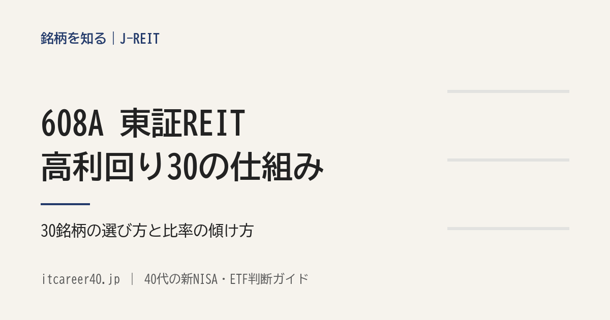 608A 東証REIT高利回り30の仕組み。対象の指数が30銘柄を選ぶ手順と、組入比率の傾け方を算出要領と運用会社の資料で説明した記事のアイキャッチ