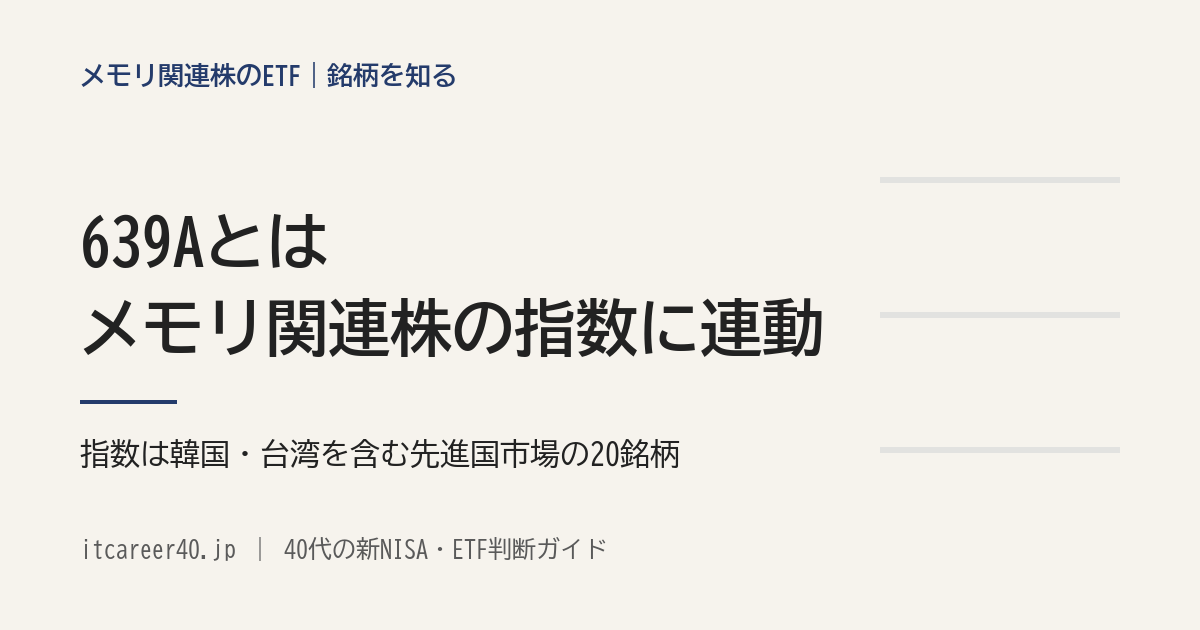 639Aとは（メモリ関連株の指数に連動する東証のETF。指数は韓国・台湾を含む先進国市場の20銘柄）を説明した記事のアイキャッチ