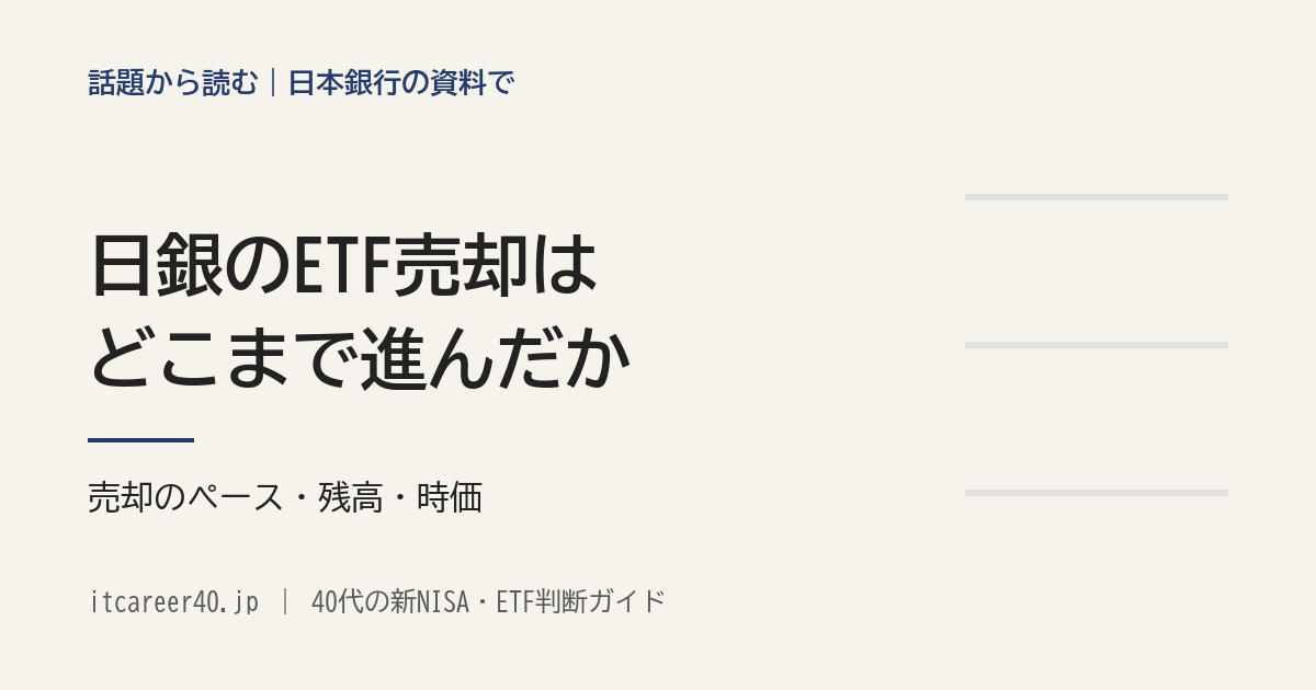 日銀のETF売却はどこまで進んだか。売却のペースと、日銀が持つETFの残高と時価を日本銀行の資料で並べた記事のアイキャッチ