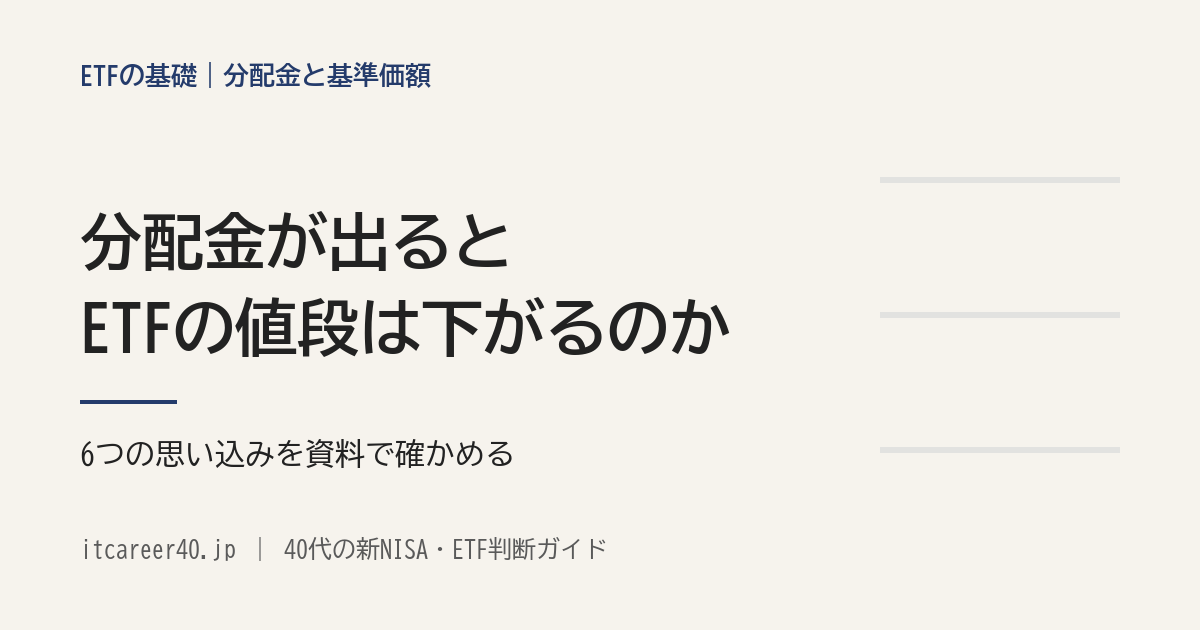 分配金が出るとETFの値段は下がるのかを、分配落ち・権利付最終日・希薄化などの6つの思い込みとして資料で確かめる記事のアイキャッチ