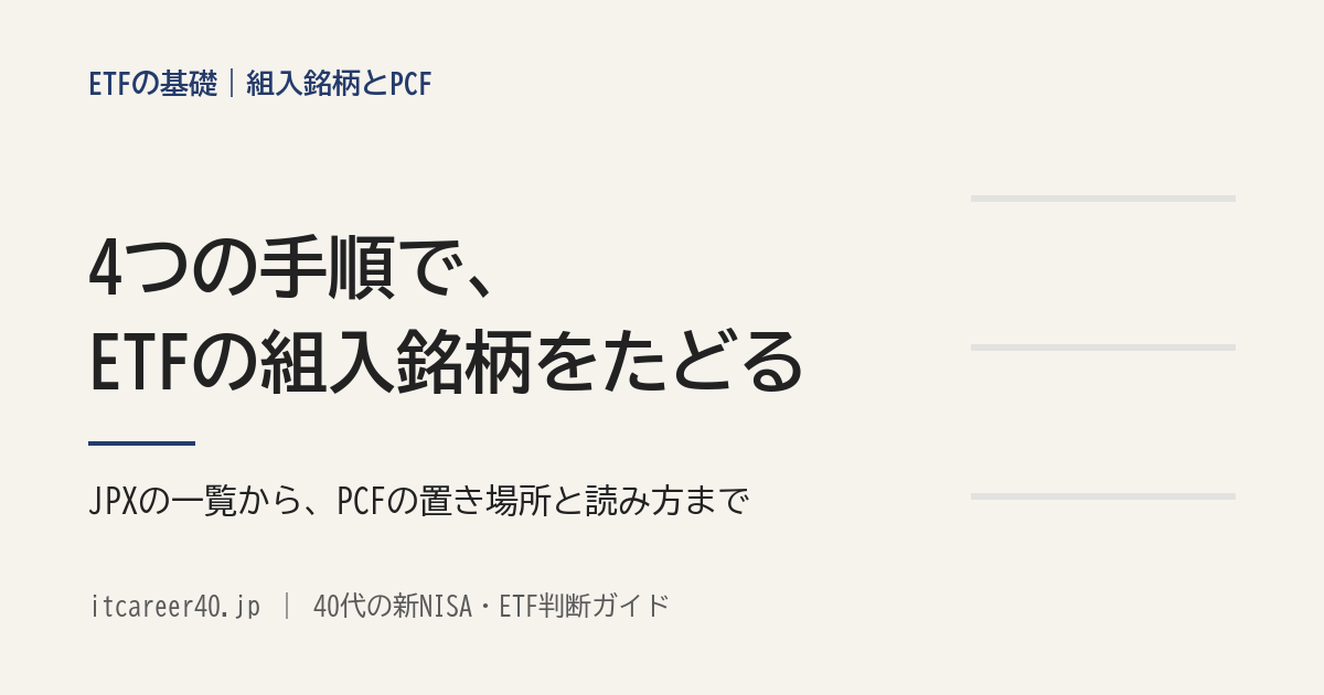 ETFの組入銘柄を、JPXの情報提供方法一覧とETF Database、PCFのファイルでたどる手順の記事のアイキャッチ