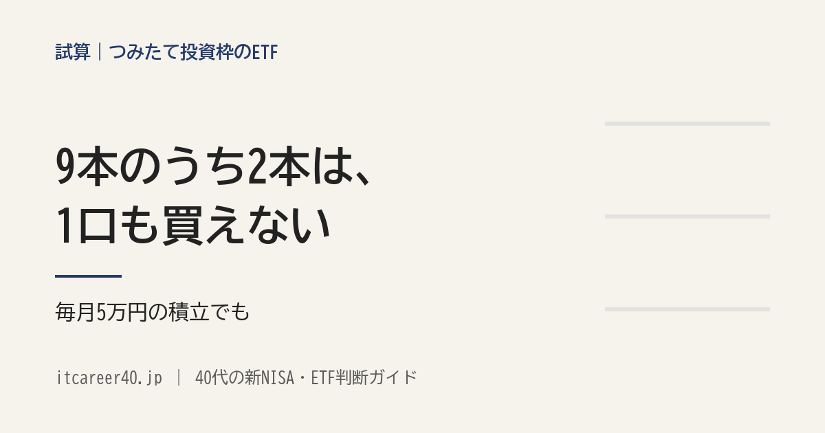 つみたて投資枠の対象一覧にある東京証券取引所のETF9本を、毎月1万円・3万円・5万円の予算で買うと何口で、いくら余るかを試算した記事のアイキャッチ
