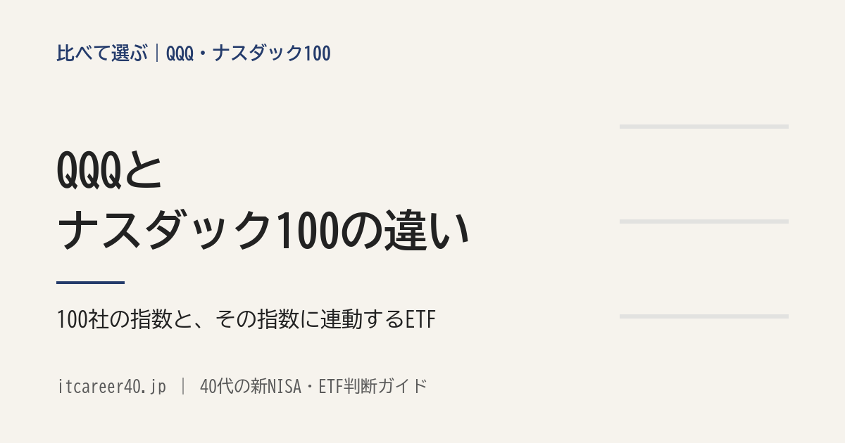 ナスダック100（Nasdaq, Inc. が計算する株価指数）と、その指数に連動するETFのQQQ（Invesco QQQ Trust, Series 1）の違いを資料で読む記事のアイキャッチ